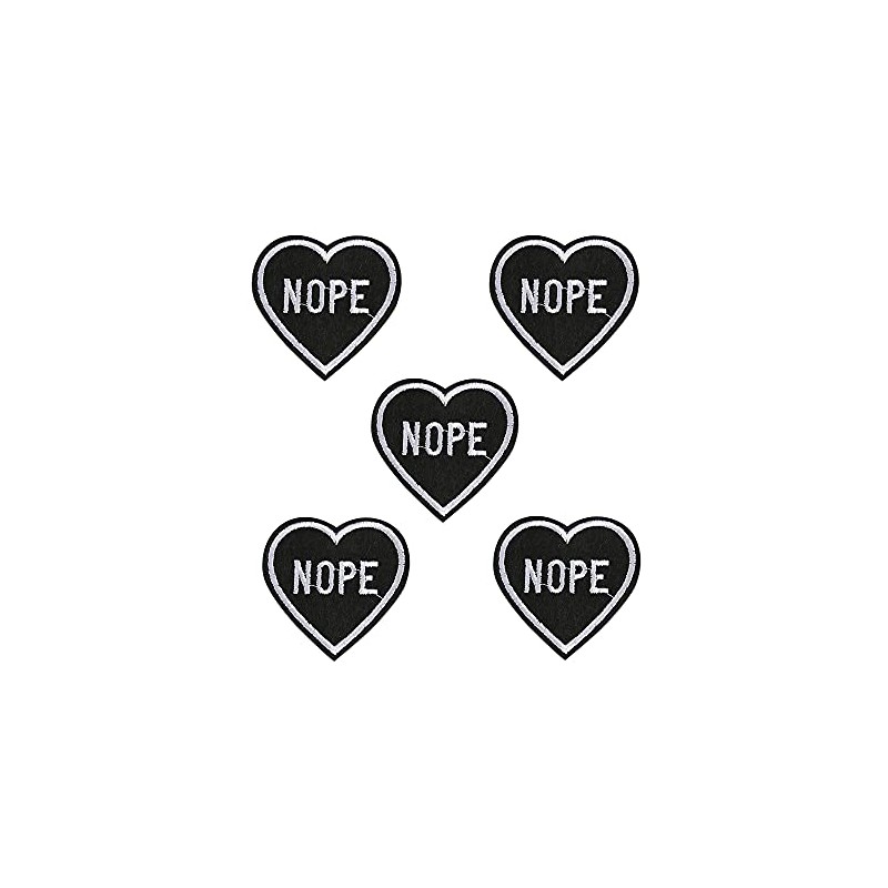 Acxico 5Pcs Nope Black Heart Iron-On/Sew-On Embroidered Patch, Gothic Punk
