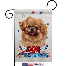 Breeze Decor Patriotic Tibetan Spaniel Garden Flag Set with Stand Animals Dog Puppy Spoiled Paw Canine Fur Pet Nature Farm Animal Creature Small Gift Yard House Banner Made in USA 13 X 18.5