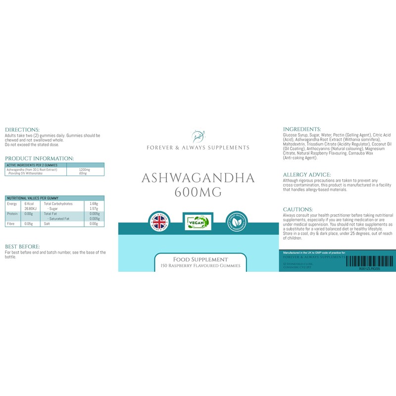 Ashwagandha Gummies 1200mg per serv High Strength with 5% Withanolides