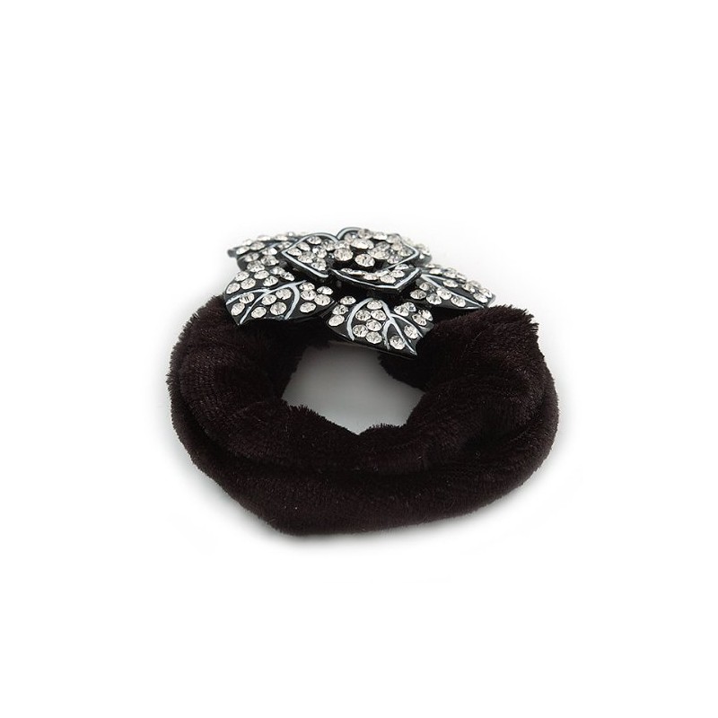 Black Tone Diamante 'Flower' Pony Tail Black Hair Scrunchie -