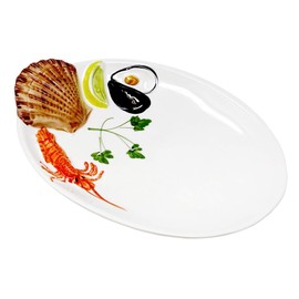 Lashuma Handmade oval serving plate made of Italian ceramic in seafood design, serving plate 26 x 18 cm