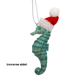 Christmas Seahorse Ornament for Holiday Tree, Hanging Figurine with Glitter, Santa Hat, Nautical Home Decor