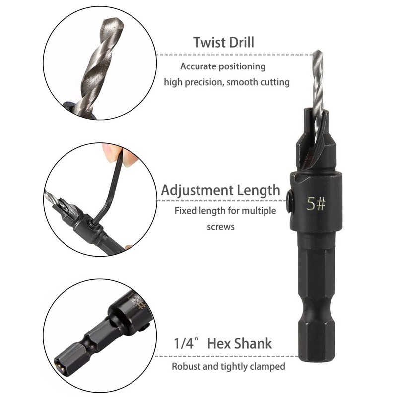Saipor 5pcs Wood Countersink Drill Bit Set Hex Shank Quick