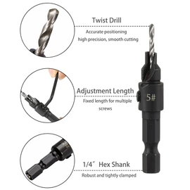 Saipor 5pcs Wood Countersink Drill Bit Set Hex Shank Quick Change Counter Sinker Pre Hole Drill Bit Set Screw Counterbore Bit Pilot Bit Set #5, #6, #8, #10, #12 for Woodworking and Carpentry
