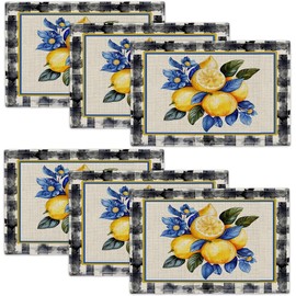 Plaid Lemon Placemats Set of 6 Summer Yellow Lemonade Table Mats Washable Place Mats for Home Party Kitchen Indoor Outdoor Restaurants Decoration 12''x18''