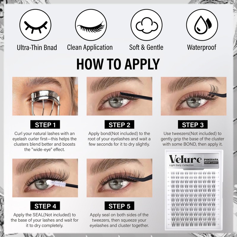 PHKERATA Velure Lash Clusters Natural Cluster Eyelash Extensions Wispy Individual
