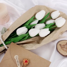 C APPOK Artificial Tulip Flowers in Vase - Fake Tulip Flower with Vase - 10pcs Real Touch White Latex Faux Tulips for Easter Spring Wedding Bouquet Centerpiece Floral Arrangement Cemetery Table Decor