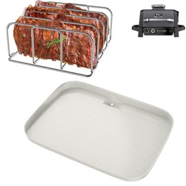 Griddle Pan & Rib Rack for Ninja Woodfire OG751/OG700 Series Grill, Non-Stick Upgraded Ceramic Cooking Flat Top Griddle Plate for Ninja XSKGRDPLT Woodfire Accessories, with 4 Full Racks Holder of Ribs