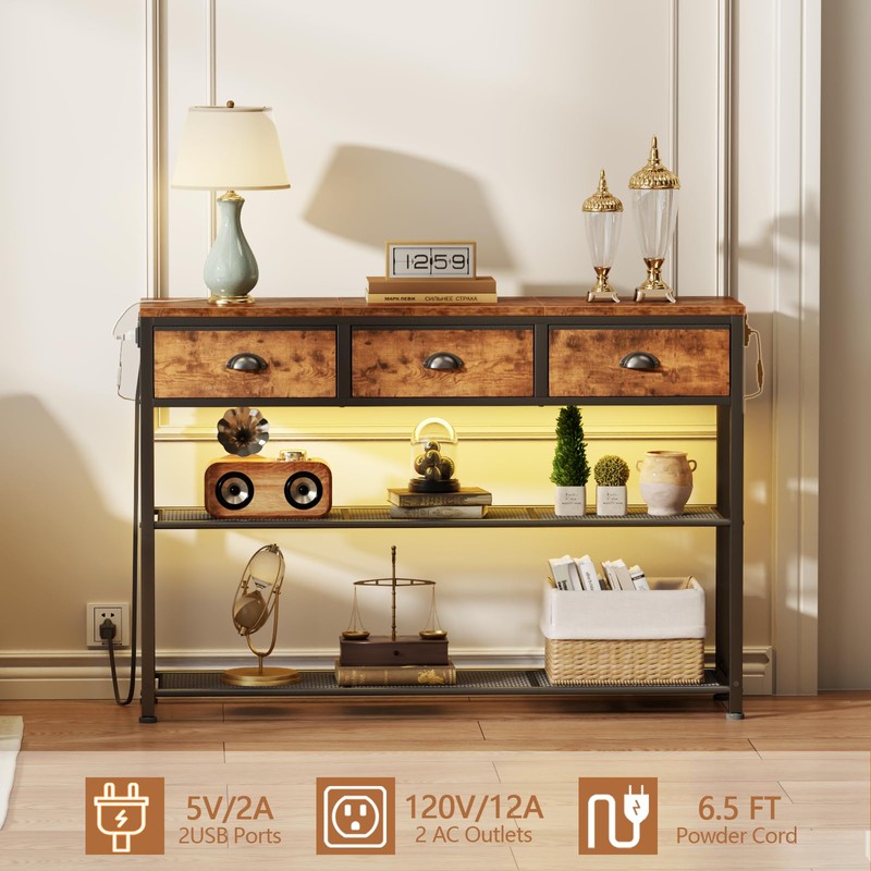 Furologee Console Table with Charging Station & 3 Fabric Drawers,