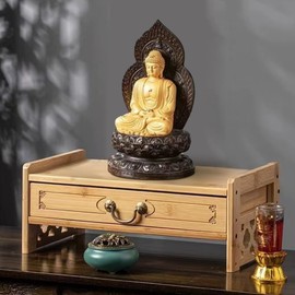 LINRUI Altar Table with Drawer Small Meditation Table with Storage Natural Bamboo Puja Table Alter Cabinet for Witch Wiccan Buddhist Shrine Prayer Stand Riser Home Decor