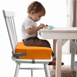 Eiury Toddler Booster Seat for Dining Table, 2 Elastic Seat Belts, Anti Scratch PU Skin-Friendly, Waterproof, Anti-Wrinkle, Detachable Non-Slip Bottom - Orange