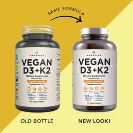 AMANDEAN Vegan Vitamin D3 K2. 5000 iu from Algae. All-Trans MK-7. 120 Softgels. Plant-Based & Carrageenan Free. Organic Coconut Oil Blend. for Mood, Bones, Heart, Immune Health (Packaging May Vary)