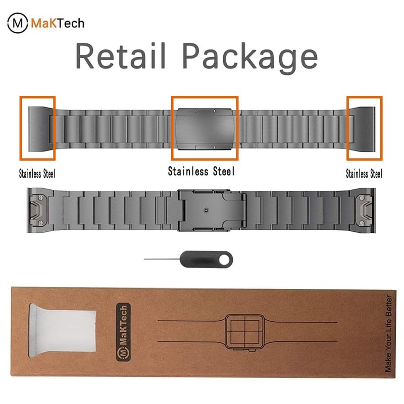 MaKTech Titanium Band for Garmin,26mm Three-Piece Metal Bracelet Strap with