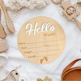 Cuvstvo Baby Announcement Sign Hello World Newborn Sign Newborn Baby Birth Announcement Sign Wooden Newborn Photography Props Baby Shower Hospital Nursery 5.9 Inch (Foot White)