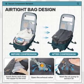 UPPACK Vacuum Travel Backpack for Women Men Large Carry on Backpack Flight Approved Personal item Travel Bag Essentials With Vacuum System,Wet and Dry Separation Bag Peacock Blue NO Pump