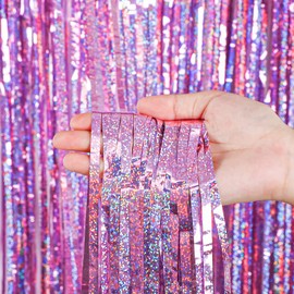 Skylety 4 Pieces Tinsel Backdrop Foil Fringe Curtains Party Decorations Metallic Curtain Glitter Foil Party Streamer 3.2 x 8.2 Feet Foil Photo Booth Curtain for Birthday Baby Shower Holiday (Pink)