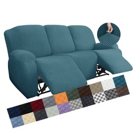 YEMYHOM 8 Pieces Stretch Recliner Sofa Cover Latest Jacquard Reclining Couch Cover with Side Pocket Anti-Slip Fitted 3 Cushion Furniture Slipcovers with Elastic Bottom (Recliner Sofa, Peacock Blue)