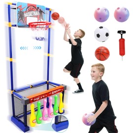 COUOMOXA 3-in-1 Sports Toy for Kids: Movable Basketball Hoop Bowling and Soccer Goal - Skills Training Set for Kids Age 3-8 Indoor Outdoor Backyard - Birthday Gifts for Boys Girls