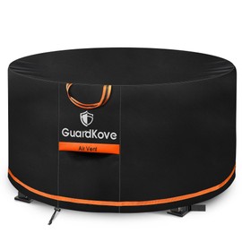 [Upgraded 1000D Heavy Duty Fabric] 32” Fire Pit Cover Round for 29”- 32” Fire Pit/Tables, Waterproof Tear & Fade Resistant Firepit Cover with Buckle, Handle, Drawstring, Air Vent (32”D x 16”H,Black)