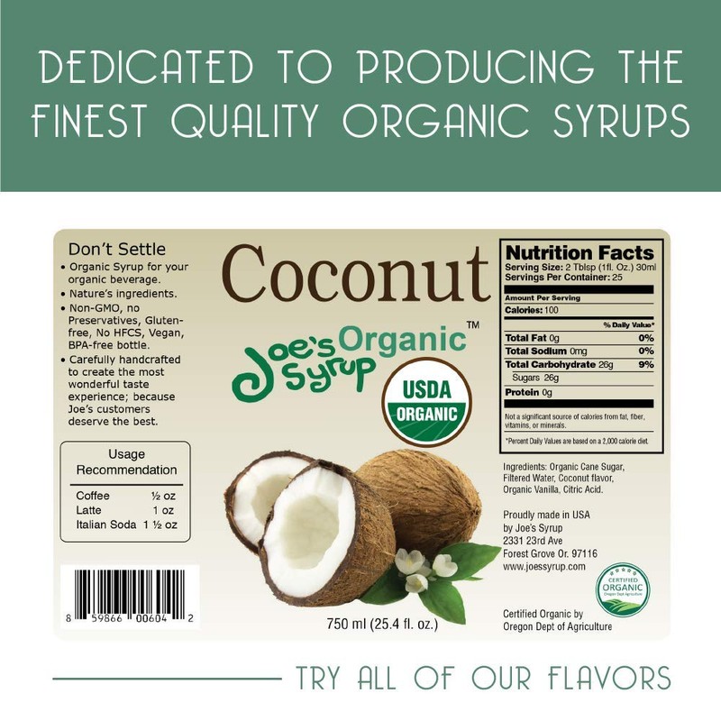 Joe’s Syrup Organic Flavored Syrup, Organic Coconut, 750 ml