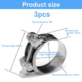 BDHYYM 3 Pcs Auspuffrohr klemme Universal Auspuffschelle,Gelenkbolzenschelle Edelstahl Schlauchschellen 64-67mm,Bandbreite 22mm,Auspuff Klemme Spannbackenschellen Auspuffrohr Motorrad Auspuff Schellen