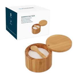 KITCHENDAO Bamboo Salt Box with Built-in Spoon to Prevent Dust, Elegant Seasoning Box, Kitchen Salt Pepper Spice Cellars Storage Container with Swivel Magnetic Lid - 6oz