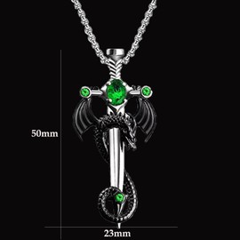 Slpytc Gothic Sword Dragon Necklace for Men Women,Vintage Dragon Wrapped Sword Cross Pendant Necklace Punk Shiny Zircon Pendant Necklace Dark Gothic (Green)