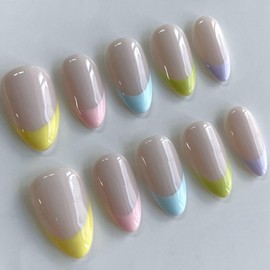 Almond Press on Nails Short Fake Nails with Colorful French Tip Designs Yellow Nails Press ons Blue False Nails for Women 24Pcs
