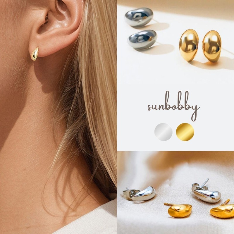 Sunbobby Plump Earrings, Surgical Stainless Steel, Drops, Drops, Simple, Gold,