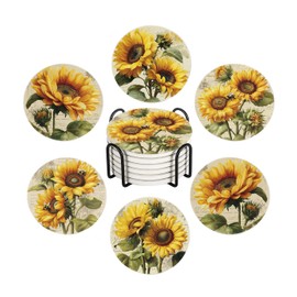 Aowced Drink Absorbent Coasters with Holder Set of 6, Ceramic Stone with Cork Base, Vintage Sunflowers Yellow Spring Flowers Coaster for Drinks, Gift for Housewarming Room Bar Home Decor Kitchen