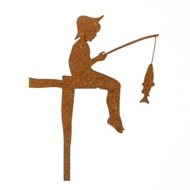MM Steel Styles Patina Angler Garden Stake, Easy Plug-In Rust Decoration Made of High-Quality Corten Steel for Garden, Pond, Garden Decoration, Rust (Small)