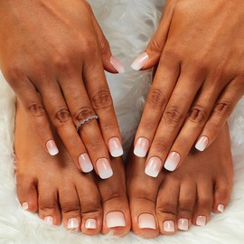 48 Pcs Pink White Gradient Press on Nails Short Square & Press on Toenails Set Glossy Fake Toe Nail Press ons Nail Art Tips Stick on Nails Acrylic Nail Kit False Toe Nails for Women Nail Art Manicure