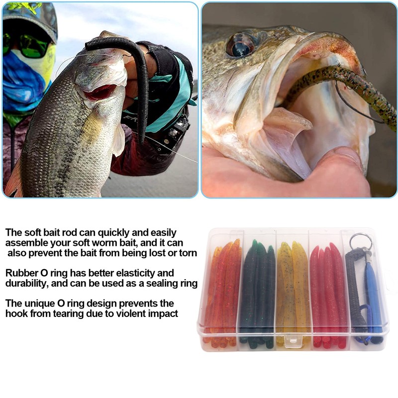 65pcs/box Soft Worm Bait Fishing Lures Kit with Rubber O