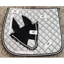 Glittery Shine Horse English Saddle Pad Set with Matching Fly Bonnet Set Ear Net Fly Veil (Silver)