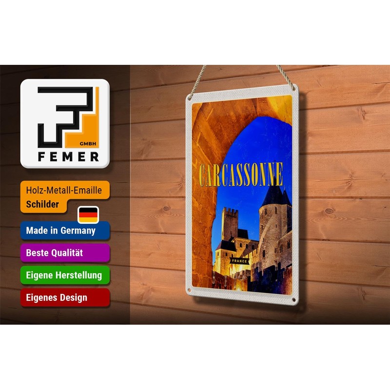 Tin Sign with Retro Carcassonne France Medieval Travel Design 20