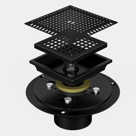 BAOTIYA 4 Inch Square Black Shower Drain Kit with Flange & Hair Catcher & Lifting Hook, Modern Floor Drain with Removable Quadrato Pattern Grate, Stainless Steel SUS 304 (Matte Black, 4 Inch)