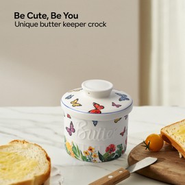 Toptier Butter Crock for Counter With Water Line, On Demand Spreadable Butter, Ceramic Butter Keeper to Leave On Counter, French Butter Dish with Lid (Butterfly)