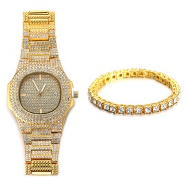 Halukakah Diamond Gold Watch Iced Out, Men's 18 Carat Real Gold/Platinum White Gold Plated Quartz Bracelet 24 cm Oval Dial, with Tennis Chains Necklace Bracelet Set Options, Comes with Gift Box,