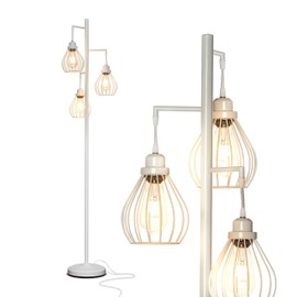 Brightech Teardrop LED Floor Lamp - Tree With 3 Elegant Cage Heads & Edison Bulbs - for Living Rooms, Offices & Bedroom Reading - Alpine White