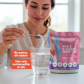 Inteliva Myo y D-Chiro Inositol en Polvo con Inulina de Achicoria, Ratio 40:1, 45 Porciones, 4g Myo Inositol y 200mg D-Chiro Inositol por Porción, Sin