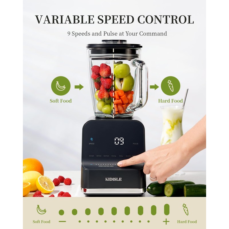 KIDISLE 1200W Professional Smoothie Blender for Shakes, 52oz Glass Jar,