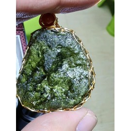 Moldavite Crystal 14K Gold Plated Necklace,Raw Real Czech Meteorite Tektite Stone Healing Crystal Necklace,Green,Irregular Shape