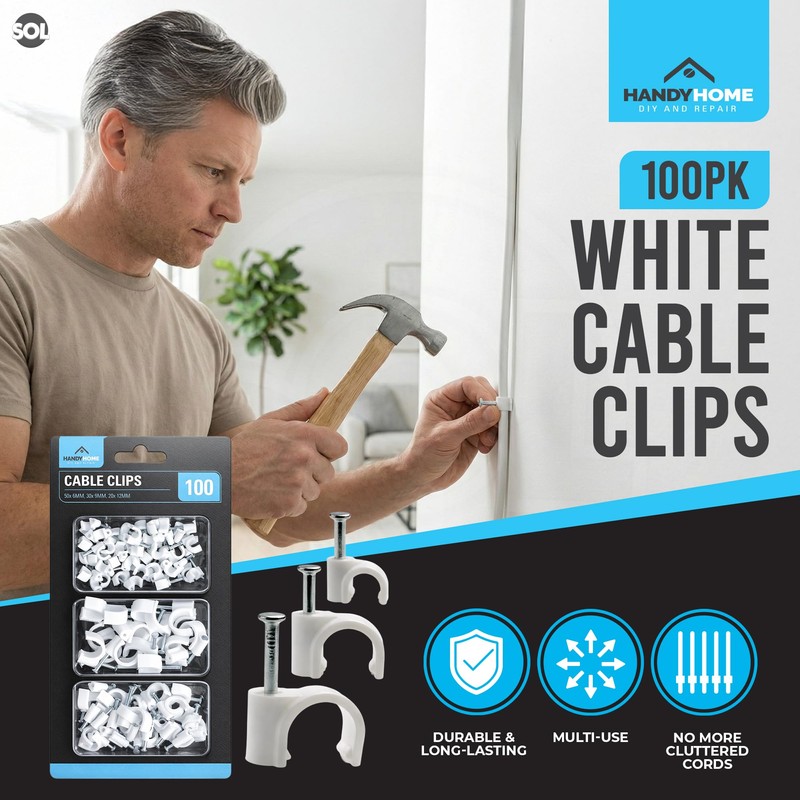 SOL 100pk Cable Clips 6mm,9mm, 12mm Wire Holders for Cables