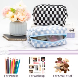 PAZIMIIK Checkered Makeup Bag for Purse Portable Zipper Make Up Pouch Small Cosmetic Case for Travel Accessories (Blue)