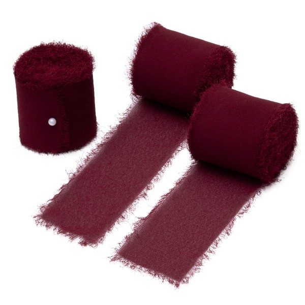 DORIS HOME 3 Rolls 2"x7Yd Fringe Chiffon Ribbon for Flower Bouquet, Handmade Burgundy Ribbon for Gift Wrapping, Frayed Edge Ribbon for Crafts, Decorating, Bouquet Wrap, Wedding Invitation