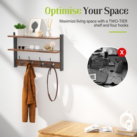Orapoke Two-Tier Wall Shelf with Hooks, 17" Coat Rack Wall Mount with Shelf, Key Hooks for Wall with Heavy Duty Double Hooks, Coat Hook Wall Mounted for Bedroom, Living Room, Rustic Brown