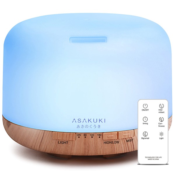 ASAKUKI 500ml Essential Oil Diffuser, 5 in 1 Premium Ultrasonic Aromatherapy Fragrant Oil Vaporizer Humidifier with Remote Control, 3 Timer and Auto-Off Safety Switch, 7 LED Light Colors