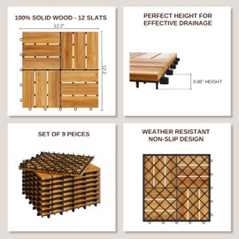 9 PCS Interlocking Deck Tiles 12" x 12" Acacia Wood Tiles for Indoor & Outdoor Use, Drainage, Non Slip Patio Flooring, Easy Installation Floor Decking for Balcony, Backyard, and Garden (Golden Steak)