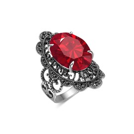 Aprilery Black Onyx Rings, Vintage Silver Statement Ring Marcasite Fashion Cocktail Ring Jewelry for Women Crystal Onyx Stone RingsGirls Teens (Red Floral, 9)