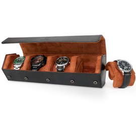 HELMDY Watch Roll 4 Watches, Watch Box 4 Watches for Men, Watch Storage 4 Watch, Portable Travel Watch Box PU Leather Watch Box (Black/Brown)